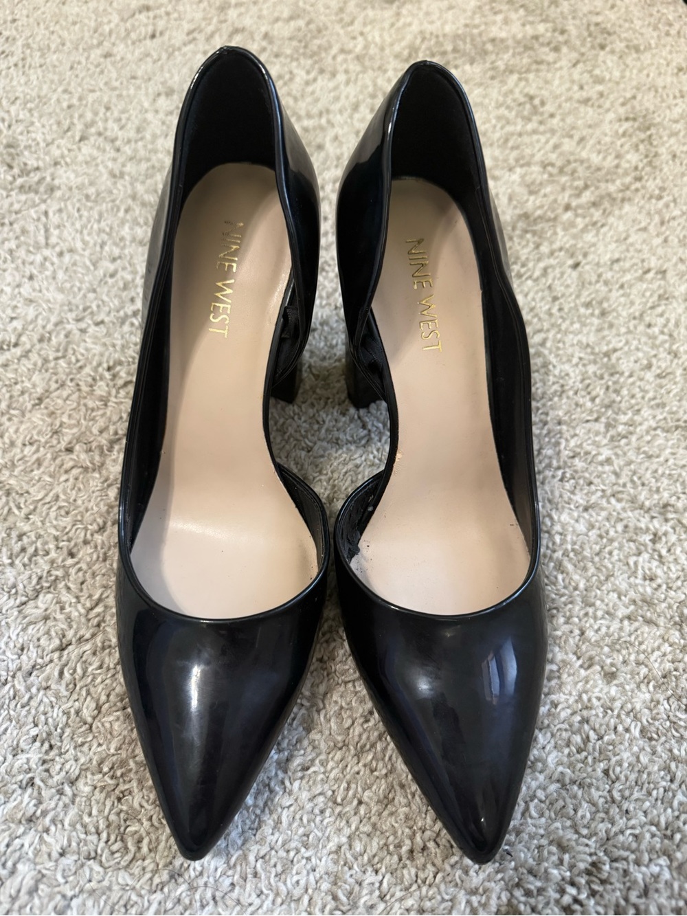 Nine West Black Patent Pointed Toe Mid Block Heel Pumps